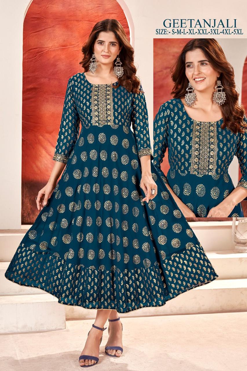 Geetanjali By Sangeet Anarkali Foil Gold Printed Kurtis Wholesale Shop In Surat